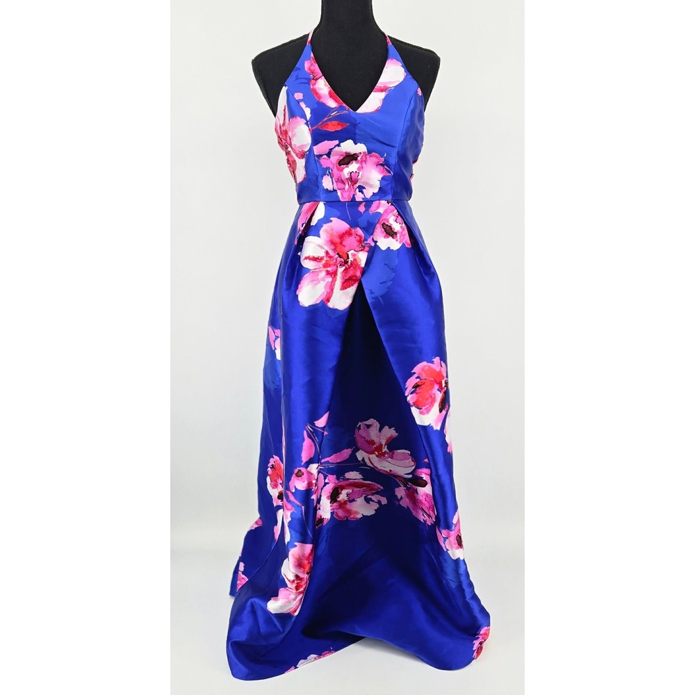 by & by Royal Blue Floral Halter High Low Homecoming Formal Prom Dress Size 1